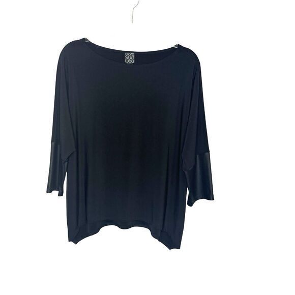 CLARA SUN WOO Size L Black 3/4 Dolman Sleeve Top Faux Leather Trim Minimalist - Picture 5 of 8